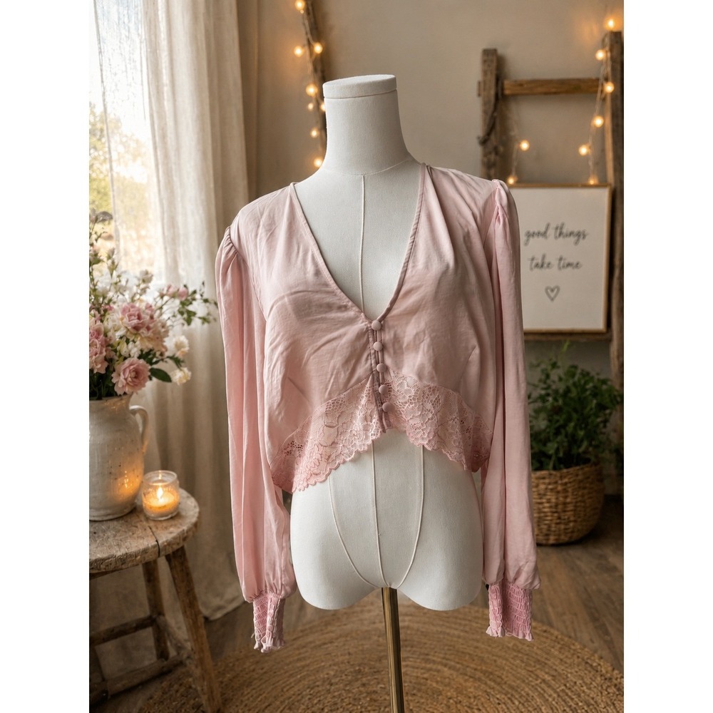 Lace Trim Crop Top XL Pink Boho V-Neck Button Front Long Puff Sleeve Top